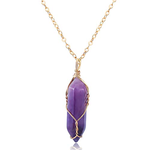 BOUTIQUELOVIN Amethyst Healing Crystal Necklace for Women Men Energy Healing Crystal Pendant Gemstones Jewelry Pendulum Crystal Divination Wire Wrap Amethyst Quartz Necklaces