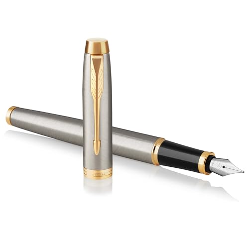 Parker IM pluma estilográfica | metal cepillado con adorno dorado | con plumín fino y recambio de tinta azul | en estuche de regalo ⭐
