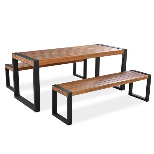 3-Piece Acacia Wood & Steel Dining Set - Textured Top Patio Table with 2 Benches, All-Season Outdoor Furniture for Backyard (Natural Wood Grain/Matte Black Metal)â€‹â€‹