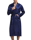 Aseniza Herren Robe Satin kimono Morgenmantel Leicht Lang Bademantel mit Gürtel Hausmantel seide V-Ausschnitt Nachtwäsche Blau L