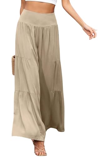 Cotton Linen Wide Leg Palazzo Pants for Women Boho Loose Elastic High Waist Ruffle Tiered Smocked Flowy Trousers