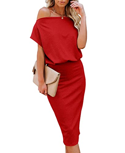 Image of EZBELLE Women's Summer Dress Off The Shoulder Short Sleeve Ribbed Casual Party Bodycon Midi Dresses