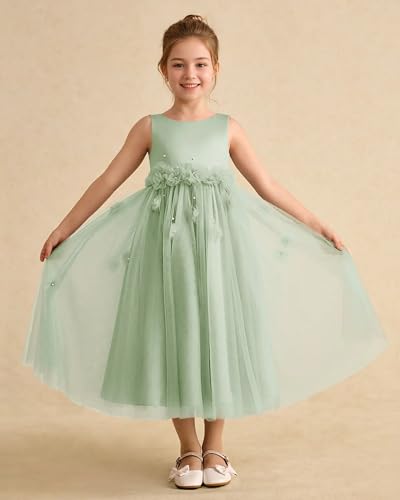 Elegant 3D Flower Applique Flower Girl Dresses for Wedding Crewneck Tulle Satin Formal Party Midi Dress with Pearls4