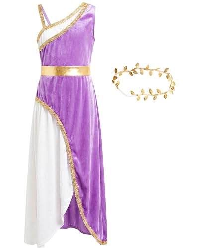 IKALI Girls Ancient Greek Goddess Athena Costume 2 Pcs Roman Dress Fancy Grecian Outfit for Kids School Halloween 10-12Y