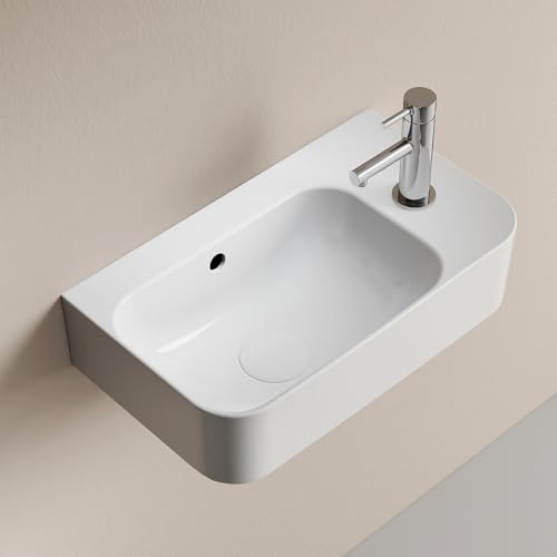 EMKE Lavabo suspendido 450 x 265 x 155 mm – Lavabo compacto y elegante para pequeños baños y aseos invitados – Grifo derecho, instalación en pared, blanco brillante