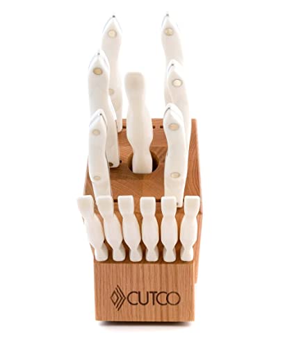 Comparison: Best Cutco Block Set 11 CUTCO Model 2008 Galley +6 Table Knives with White "Pearl" Handles....13 High Carbon Stainless knives & forks in factory-sealed plastic bags........#1744 Honey Oak knife block and #125 10" x 14" Poly Prep cutting board included.