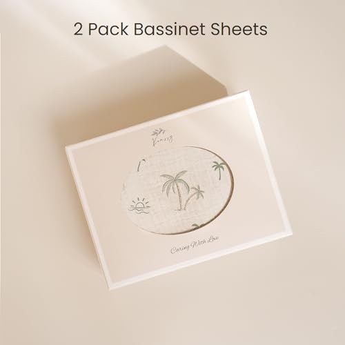 Image of Konssy Muslin Bassinet Sheets for Baby Girl Boy, 2 Pack Soft Breathable Baby Bassinet Mattress Sheets Fit for Hourglass Oval Cradle, Moses Basket Rectangle Mattress (Tree,Fog Green)