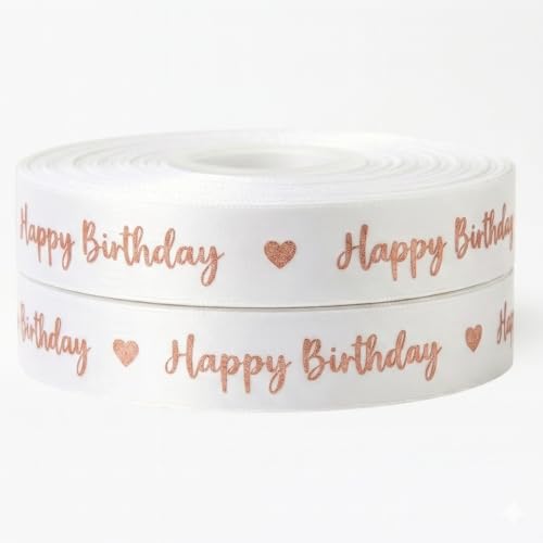 Happy Birthday Cake Ribbon – White and Rose Gold Happy Birthday Decorations 2m x 22mm – Luxury Ribbon for Personalised Cake Topper, Bday Banner, Wrapping Decorations