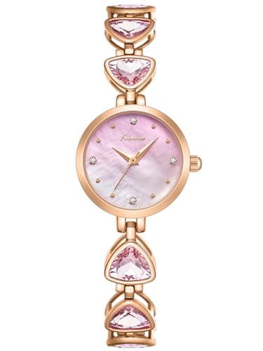 Alienwork Montre Femme Or Rose Bracelet en Métal Acier Pink Cadran Nacre Strass Ultra-Mince
