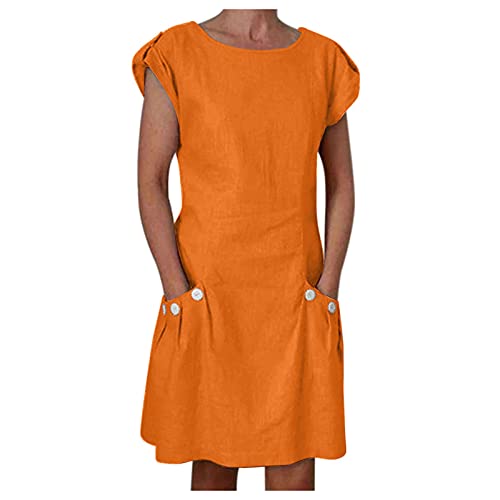 Leinenkleid Damen Sommer- Sommerkleid Damen Knielang, Vintage Kleid Damen Kurzarm mit Taschen Knöpfen Rundhals Lässig Luftige Kleider Elegant...