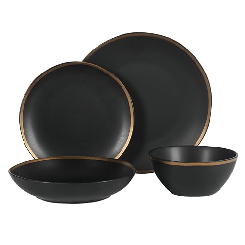 Image of Gibson Elite Kings Road Double Plates and Bowl Organic Round Porcelain Dinnerware Set - Matte Black w /Gold Rim