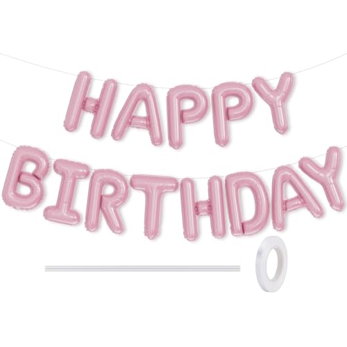 Adeyoo Pink Happy Birthday Balloon Banner - 16 Inch Happy Birthday Foil Balloon Big Letter Balloons Self Inflating Hbd Sign Balloons for Women Men Pet Birth Happy New Year Party Decorations