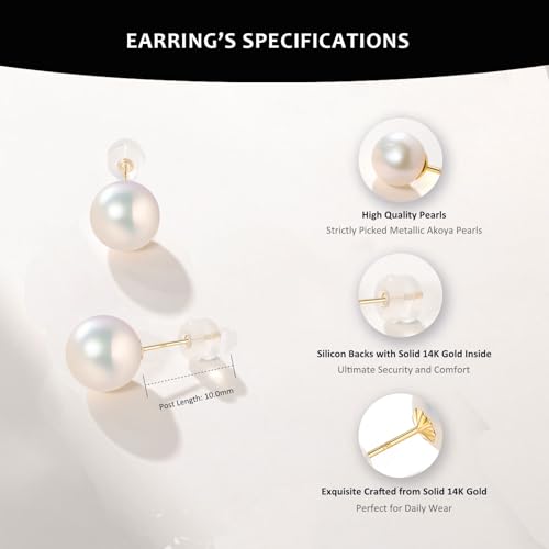14K Solid Gold Earrings with Akoya Cultured Pearl Studs, Classic Round Blue/Golden/White Pearl, Hypoallergenic for Sensitive Ears, Jewelry Gifts for Women3