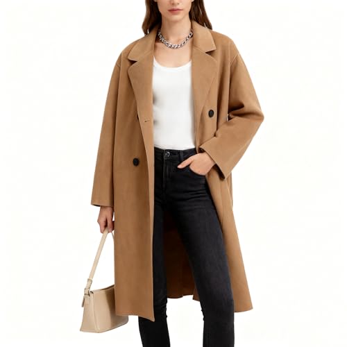 Nroboo Long Coat for Women Fall Winter Wool Coats Double Breasted Midi Peacoat Trench Coats Outwear(Camel L)
