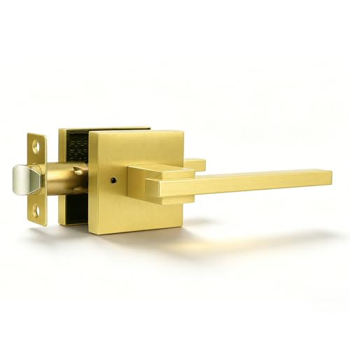 Image of Orger 1 Pack Gold Privacy Door Handles Square Keyless Door Lever, Interior Door Handle for Bathroom and Bedroom, Modern Door Handle Sets Stainless Steel