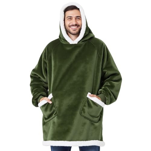 Bedsure Blanket Hoodie, Wearable Blanket for Adults & Kids as Gifts for Women Men, Birthday Gifts for Women Mom Girl Sherpa Oversized Hoodie, Olive Green, Oversize