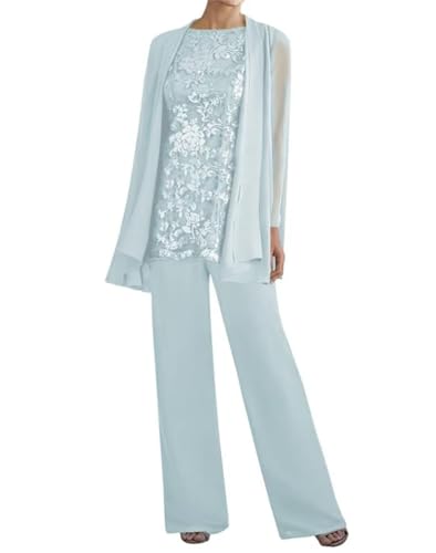 3 Pieces Mother of The Bride Pant Suits with Jacket Long Sleeves Lace Chiffon Outfit Formal Evening Gowns for Wedding4