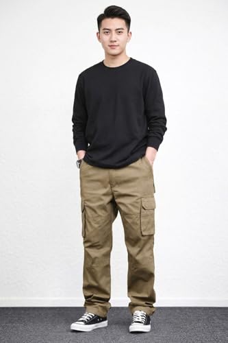 Image of MiraMichi Men's Relaxed Fit Solid Pattern Cotton Cargo Pant with 6 Pocket Button Down Closure Type and Standard Length | Six Pockets Cargos Pant's |Bonkers Joggers for Men