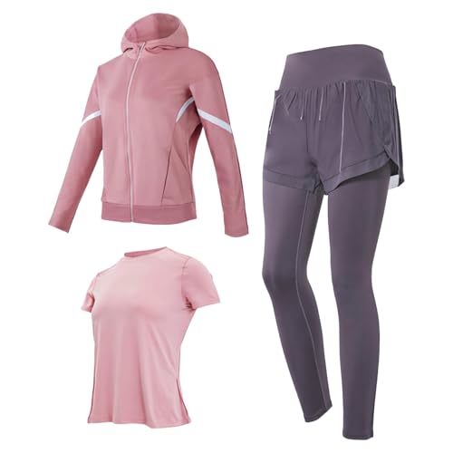 Three Piece Workout Sets for Women, 3 Piece Yoga Sets with Lavender Shorts and Leggings, Seamless Polyester Spandex, XXL Size, Ideal for All Exercise Routines