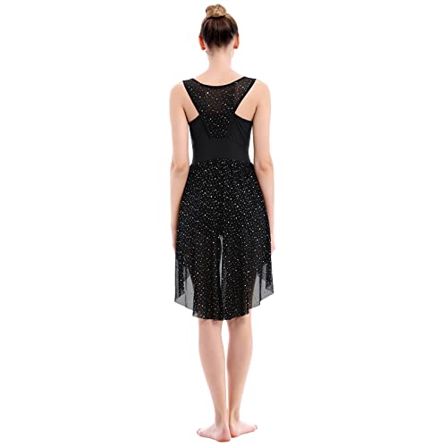 Odasdo Lyrical Dance Costumes For Women Adult Morden Contemporary Ballroom Dancewear Rhinestones Mesh Tulle Flowy Short Leotard Unitard Dress Asymmetrical Ice Skating Ballet Clothes Black Xl #TOP3