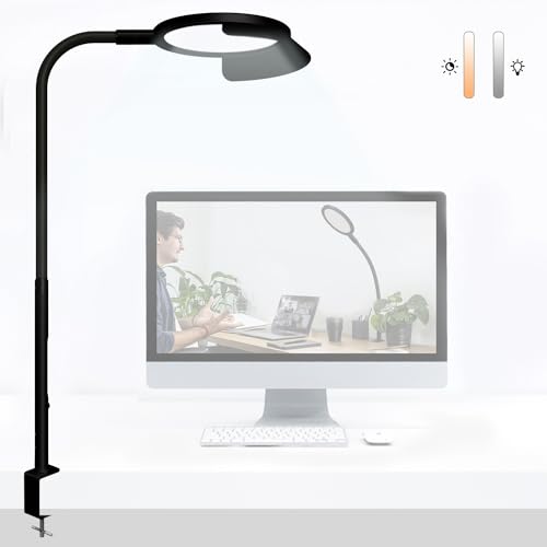 QINER Desk Lamp Clamp, Table Lamp with Removable Sunshade Touch Control 5 Color Modes and 5 Dimmable, Stepless Lighting, Eye Protection Desk Lights for Office Workbench Drafting Home Office
