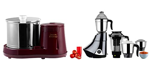 Butterfly Smart 750-Watt Mixer Grinder with 4 Jar (Grey) & Rhino 2-Litre Table Top Wet Grinder (Cherry) Combo