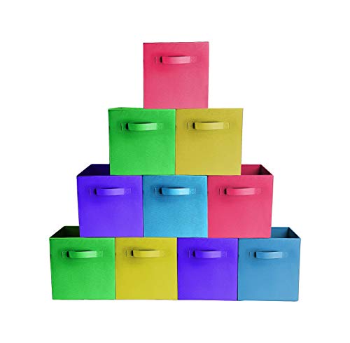 [10-Pack,Bright Mix Colors] Durable Storage Bins, Containers, Boxes, Tote, Baskets| Collapsible Storage CubesHousehold Organization | Fabric & Cardboard| Dual Handle | Foldable Shelves Storages