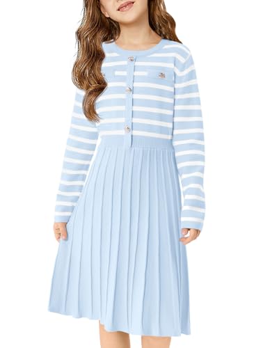 Haloumoning Girls Sweater Dress Knit Long Sleeve Striped A Line Pleated Fall Winter Dresses 5-14 Years