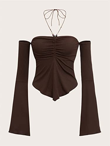 Mulheres Topo do cabresto Sólido Manga Babado (Color : Chocolate Brown, Size : X-Small)