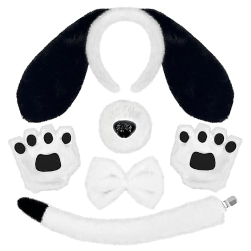 Asikkon 5Pcs Puppy Dog Ears Costume Set for Adult Black and White Dog Long Ears headband Halloween Party Animal Cosplay Accessories