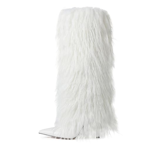 Women White Knee High Fur Boots Sexy Heels Fuzzy Wide Calf Boot Fold Over Pointed Toe High Heel Boots for Clubwear Party Evening