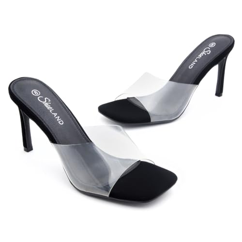 Image of Shoe Land Melrose Women's High Heels Stiletto Heeled Slides, Square Open Toe One Band Slip-On Heeled Mules - Dressy Clear Heeled Sandals for Prom Party Wedding and Vacation