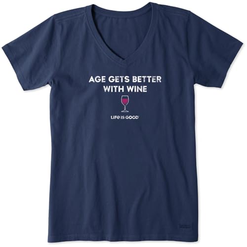 Life is Good. Women's Better with Wine Short Sleeve Crusher Vee, Darkest Blue