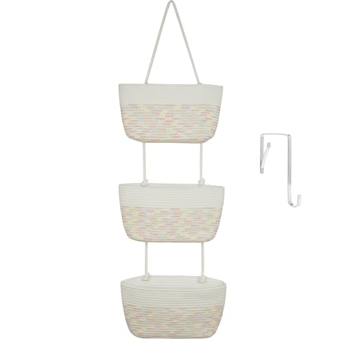 TeoKJ 3-Tier Woven Cotton Wall-Mounted Hanging Storage Baskets, Over the