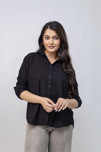 Image of Women's Linen Blend Shirt | Casual Collared Button Down Shirt for Women | Solid Color Full Sleeve Oversized Fit | Summer Casual & Office Wear Top