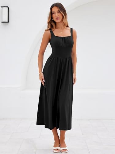 Image of YATHON Women's Summer Floral Midi Dress Casual Square Neck Flowy Wedding Guest Dresses Beach Vacation Sundress with Pocket