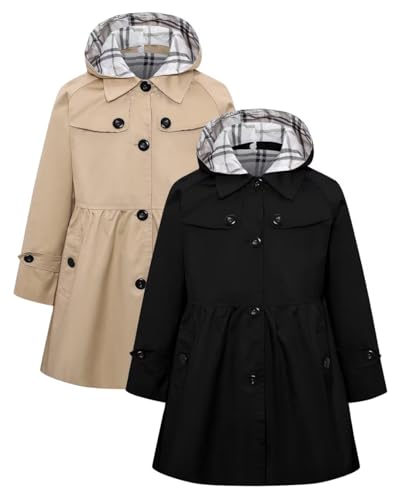 Betusline Girls 2 Packs Trench Coat Hooded Lightweight Single Breasted Dress Outerwear Jacket,2-14 Years
