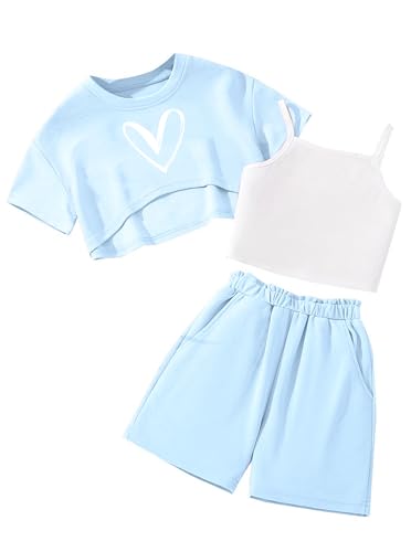 Hilinker Girls 3 Piece Summer Outfits Graphic Crop Tee and Cami Top with Shorts Set, Blue Heart, 9-10 Years