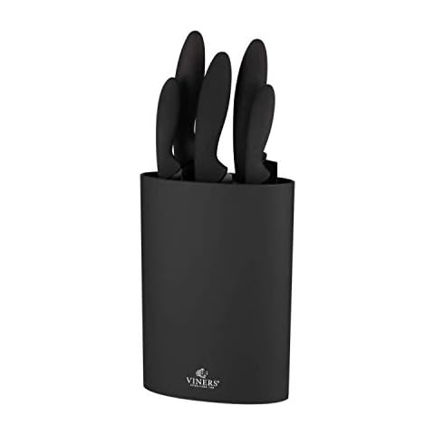 Viners Assure Set | 5 Safety Kitchen Knives & Universal Knife Holder with a 10 Year Guarantee, 6 Piece, Stainless Steel, Black Block and Handles with Silver Knives Cover