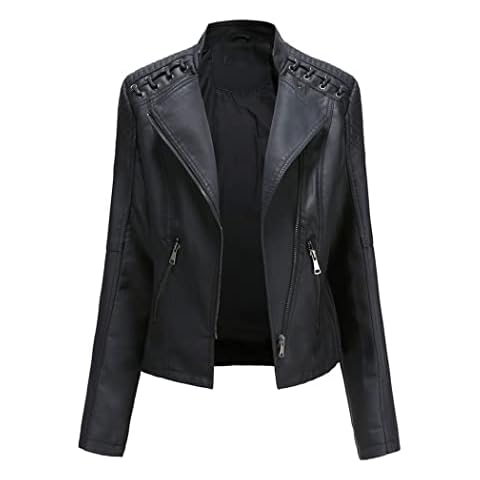 YOJOLO Women's Leather Jacket Faux Leather Moto Jacket Slim Zip-Up Biker Jacket Spring Autumn Leather Coat Outwear,Black,XXL Cover
