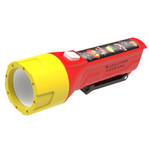 Ledlenser KidBEAM4 Lampe torche pour enfants, Motif Pompier, 4 couleurs LED, 2 piles AAA, légère (72 g), idéale pour la lecture, le camping et les...