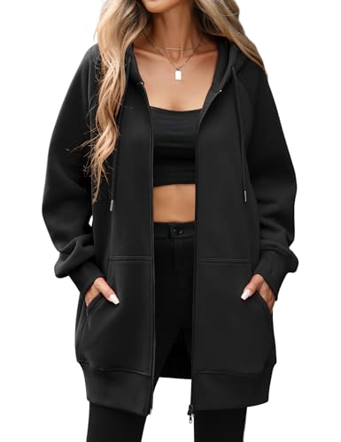 Vancavoo Sweatjacke Damen mit Kapuze Lange Kapuzenpullover Reißverschluss Hoodie Jacke Frühling Herbst Lang Fleecejacke Kapuzenjacke Elegant Übergangsjacke mit Taschen,Schwarz,XXL