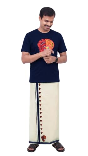 Image of Mens Print along with Border 100% Cotton Cream Dhoti 4.00 Meters Double Mundu /Vesti