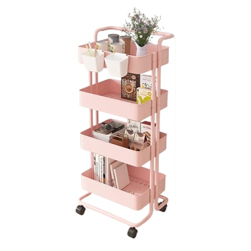 キッチンワゴン キャスター付き 2/3/4段 キッチンカート 収納カート バスケットラック 整理棚 キャスター付き 小物収納 コーナーラック キッチンカート 収納ラック 棚 バスケット バスルーム隙間収納 ワゴン (ピンク,4層)