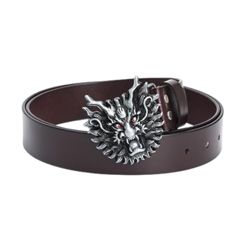 Men's Casual Jeans Handmade Leather Belt 38mm Strap With Engraved Dragon Head Bead Spit Silver Buckle