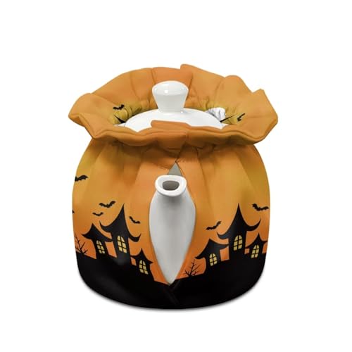Image of Halloween Bats Moon Dust Cover with Drawstring, Dustproof Teapot Cozy Breakfast Warmer Tea Kettle Quilt for Home Kitchen Table, Red Christmas Decor