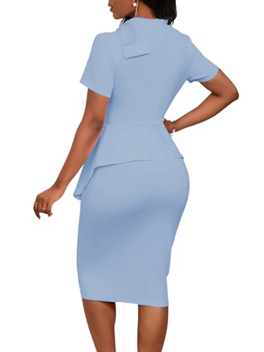 Image of WanMem Women Formal Bodycon Peplum Cocktail Dress Short Sleeve Bow Ruffle Pencil Party Midi Dresses