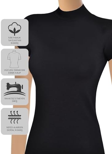 ÖTS Kadın Yarım Kollu Boğazlı Body - Pamuklu Kumaş, Ultra Yumuşak, Esnek Kalıp, Balıkçı Yaka ve Şık T-Shirt, Her Mevsime Uygun Tişört, (Siyah - M) - Görsel 3