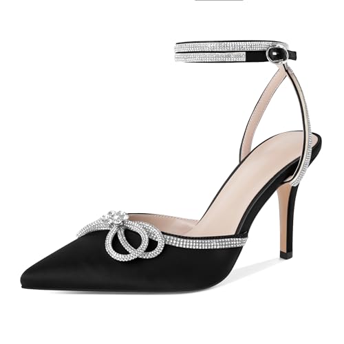 Joseywade Rhinestone Bow Heels Sparkly High Stiletto Heels Pumps Closed Pointed Toe Women Lace-up Strappy Diamond Crystal Ankle Strap Shoes for Wedding Brides Bridal Satin Black Size 7