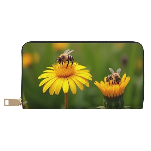 Yellow Bee Print Wallet Women, Leather Bifold Multi Card Wallet, Long Purse Women's Wallets